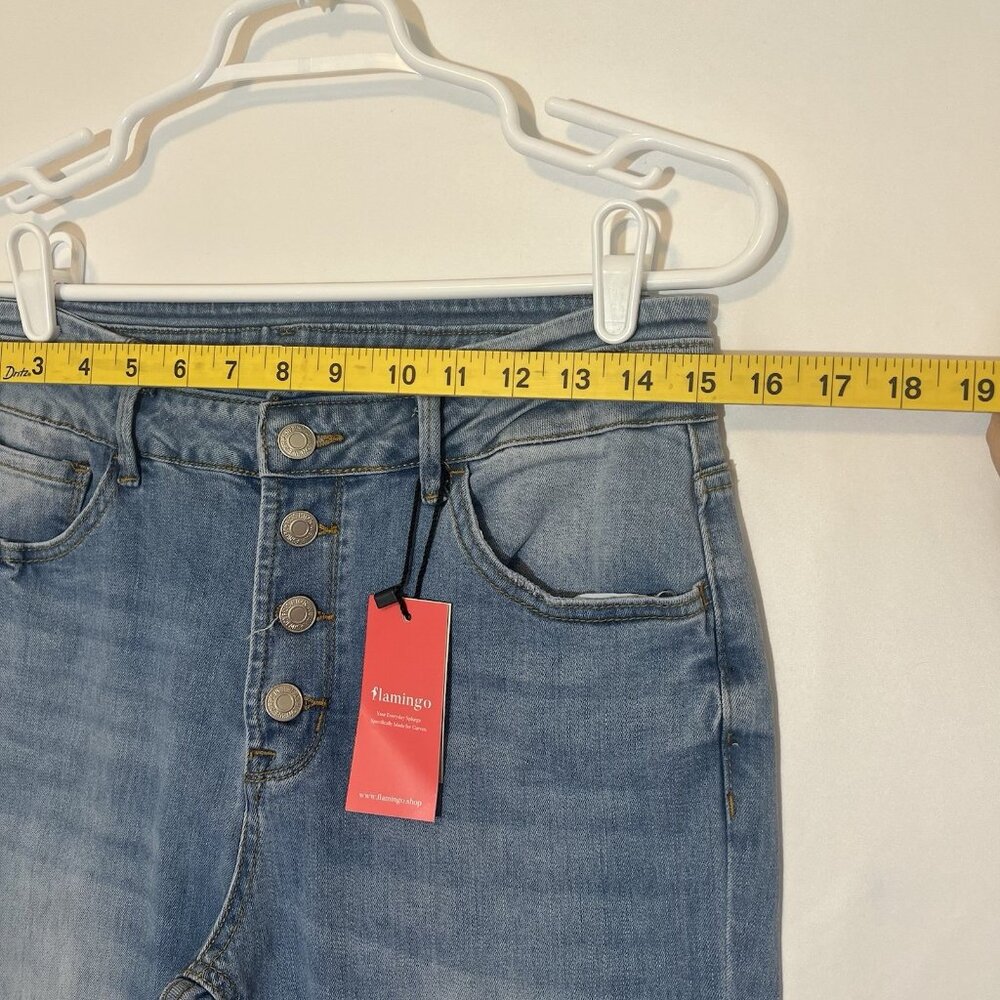 Flamingo Women’s Jeans Mid Rise Flare Leg Size Large Blue Fly Buttons Stretch - Picture 5 of 10